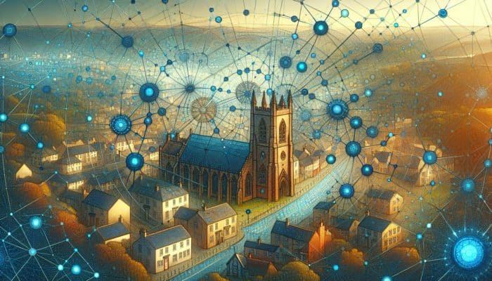 A vibrant digital web symbolizing web development, with design, security, and content elements, set in Ottery St Mary.