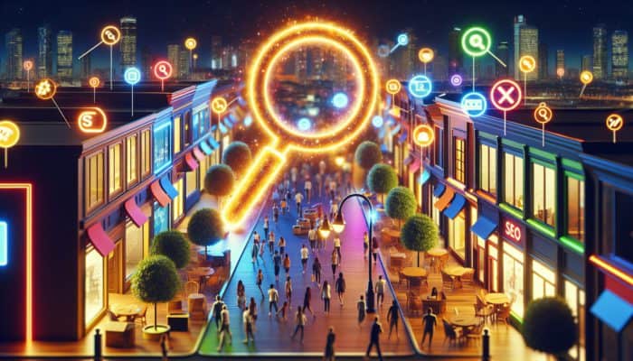 E-commerce SEO in Wellington for Small Business: A vibrant digital marketplace with UK small business storefronts, enhanced by SEO elements, attracting online shoppers.