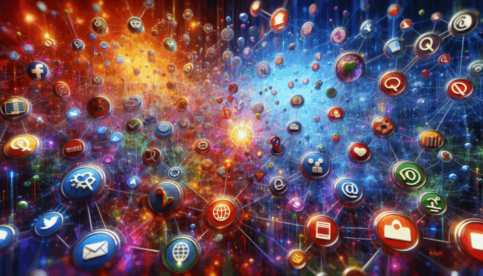 Digital Advertising in Burnham-on-Sea for Small Business: A vibrant digital landscape with search engine icons, social media logos, display banners, and email inboxes connected through glowing digital channels, reaching diverse audiences.