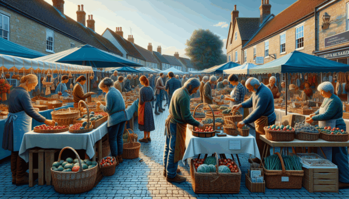 E-commerce Marketing in Sturminster Newton for Small: A bustling market in Sturminster Newton with stalls of handcrafted, sustainable local products and artisans sharing their stories.