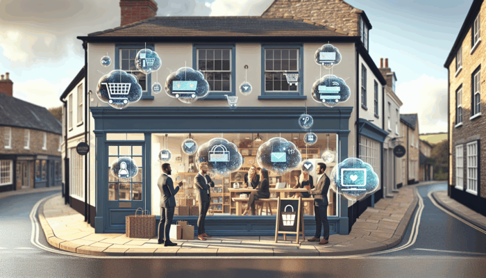 A bustling small business in Sturminster Newton with e-commerce marketing materials and experts discussing strategies.