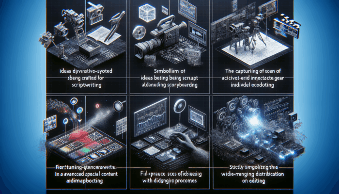 Small Business Video Production in Wotton-under-Edge Glos: A montage of video production stages: scriptwriting, storyboarding, filming, editing, and digital distribution.
