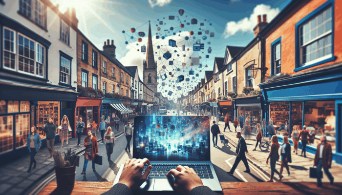 Blog Writing in Nailsworth Gloucestershire for Small Businesses: A vibrant blog on a laptop, surrounded by engaged Nailsworth community members, boosting local business presence.