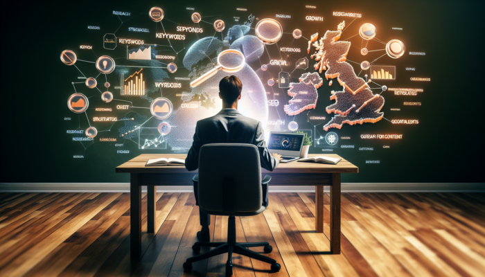 SEO for Small Business in Chard: Small business owner in Chard, UK, using laptop with Google Keyword Planner amid floating keywords, rising graphs, and UK map for SEO.