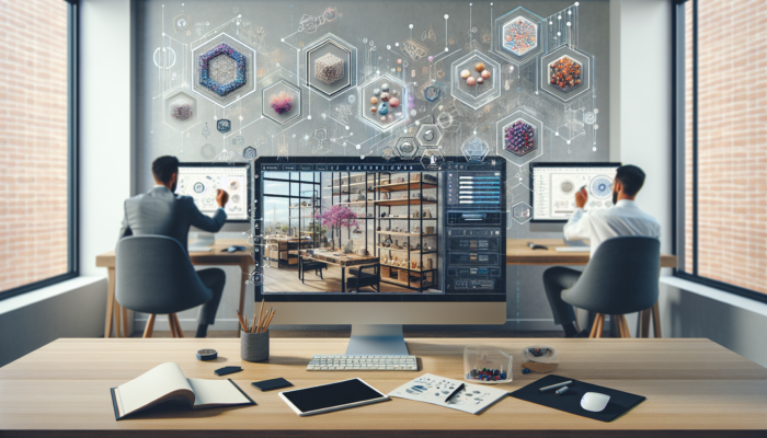 Developers in a modern Nailsea office customize ecommerce platforms: one screen shows artisan crafts with elegant layouts, another displays advanced inventory systems.