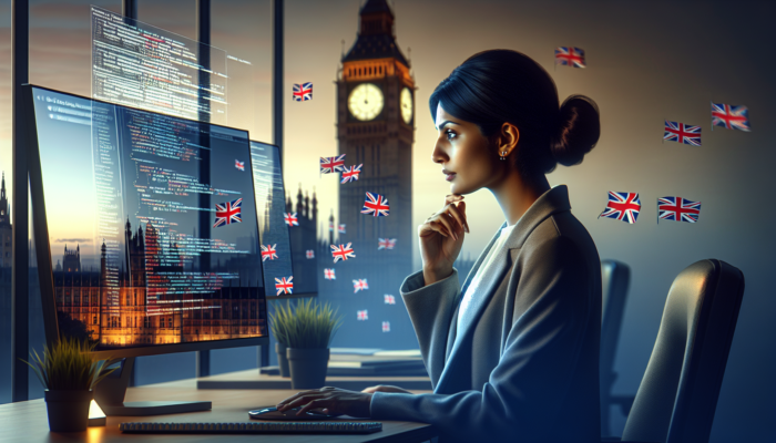 A business professional in a modern London office reviews resumes and code on dual screens, with floating Union Jack flags and web icons under Big Ben's evening light.