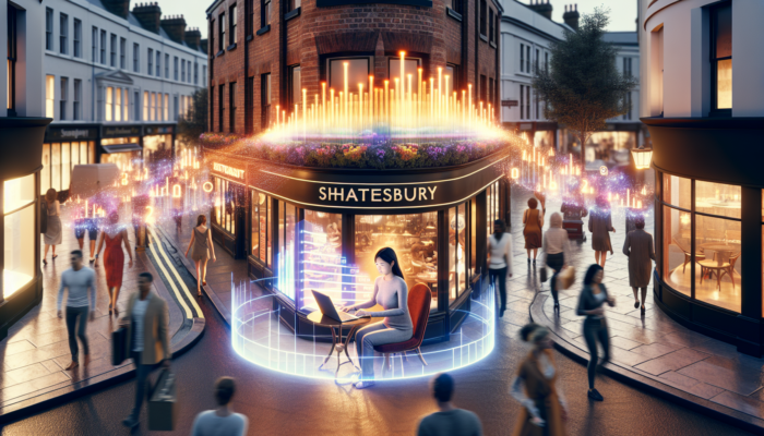 A bustling Shaftesbury street with a restaurant owner optimizing SEO on a laptop, rising graphs showing higher rankings, and customers approaching the storefront.