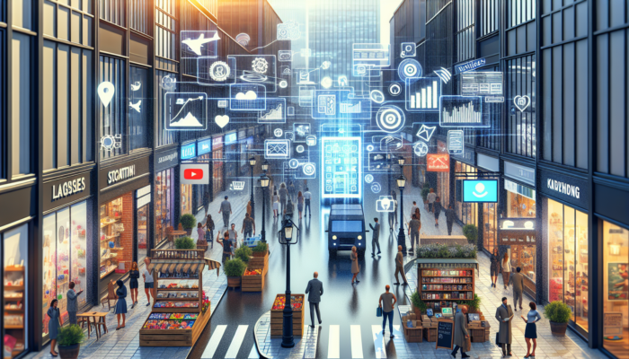 Vibrant Keynsham street scene with small business owners using mobile devices for responsive websites, thriving shops attracting customers under sunny skies.