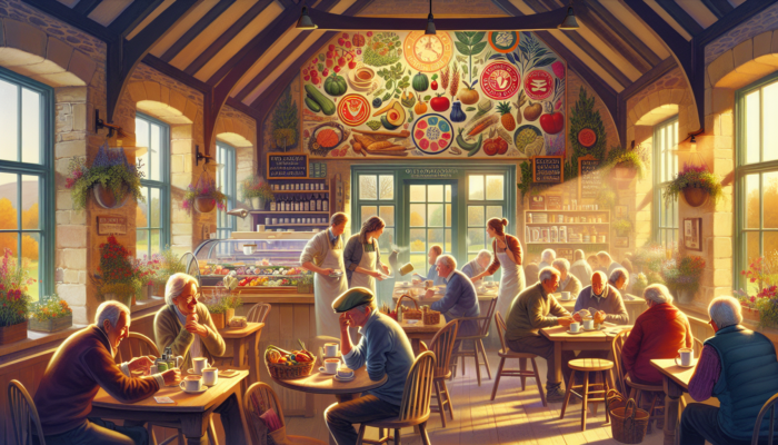 Blog Writing in Bampton for Small Business: Bustling café in Bampton with fresh local produce on tables, locals chatting over coffee, surrounded by community event posters under a golden sunset sky.