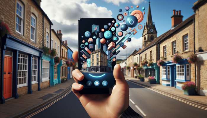 Mobile Website Design in Corsham for Small Business: A modern smartphone screen shows a responsive Corsham website with intuitive navigation, prominent call-to-action buttons, and accessible features against historic buildings.