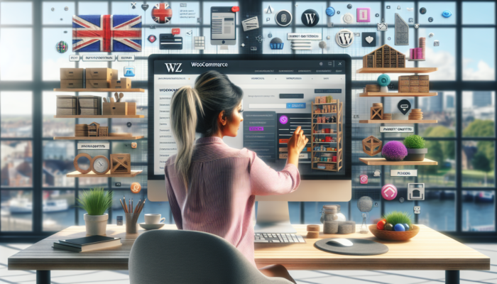 Illustration of a UK business owner in a modern London office setting up WooCommerce, with screens showing inventory, payments, plugins, and British flags.