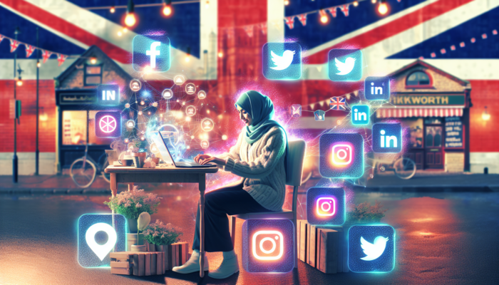 UK business owner in Tidworth surrounded by glowing social media icons, analyzing data on a laptop with Union Jack and market backdrop.