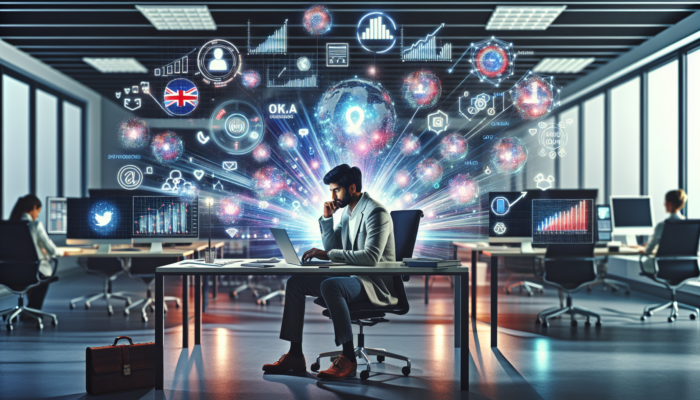 Focused entrepreneur in Tidworth office analyzing social media graphs on a laptop, with UK flags and glowing Instagram, Facebook icons.