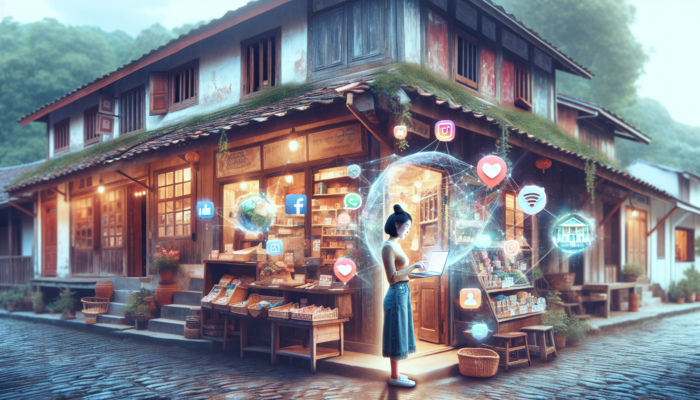 A bustling Cinderford storefront with a shop owner on a laptop, displaying Facebook connections, Instagram products, and Twitter updates amid village scenery.