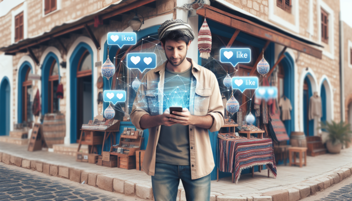 A small business owner in Sidmouth, UK, uses a smartphone outside their shop to post artisanal products on Instagram and Facebook, showing likes and comments.