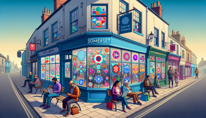 A bustling high street in Frome with shops displaying colorful promotions, a business owner posting on Facebook, and residents checking phones for community updates.