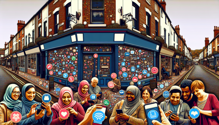 Bustling street in Blandford Forum: business owners using smartphones and laptops near shops with social media icons, symbolizing digital growth.