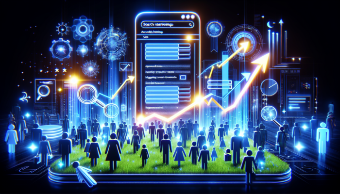 Vibrant website redesign for a UK small business, showing glowing keywords, rising search arrows, and digital users exploring local products.