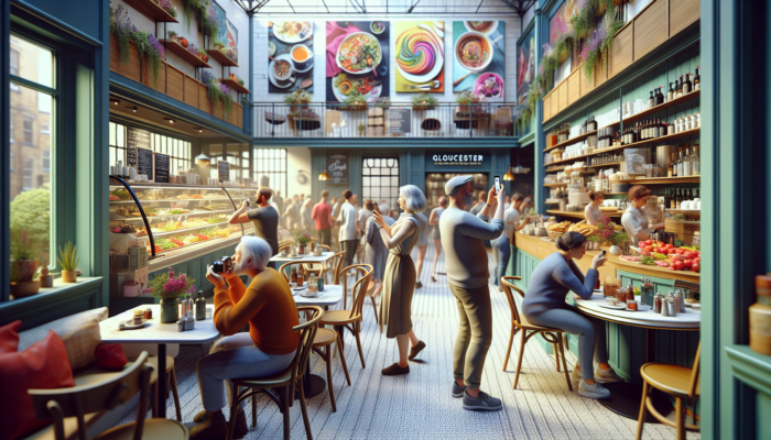 Instagram Marketing for Gloucester Small Businesses: Vibrant Gloucester cafe scene: owners posting seasonal menu photos on Instagram, locals engaging on phones, colorful displays in UK-style decor.