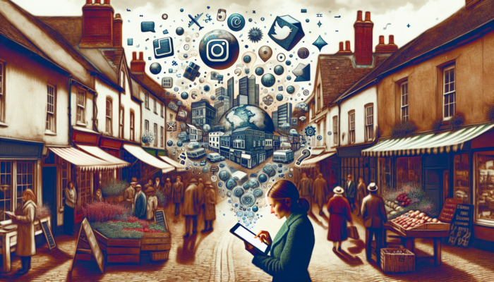 Small business owner analyzes Instagram data on tablet at Chipping Campden market, tailoring content for local audience.