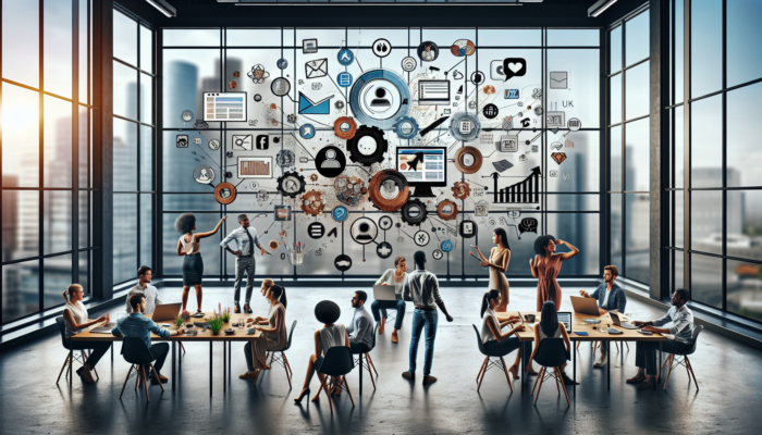 Small business professionals in a modern London office integrate video on large screens with email and social media tools for enhanced marketing.