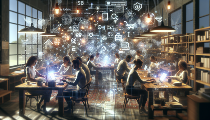 Internet Marketing for Small Businesses in Patchway: Small business owners in a Patchway shop analyze SEO data on screens, engage social media, and manage email campaigns for local growth.