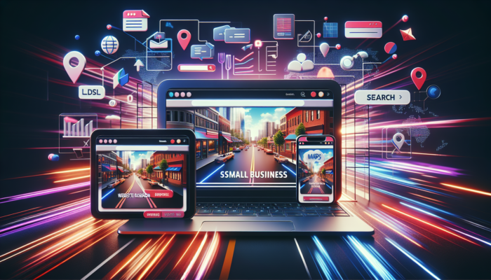 Illustration of a Taunton website redesign showing responsive layouts on devices, with SEO icons, maps, and bustling streets symbolizing increased engagement.