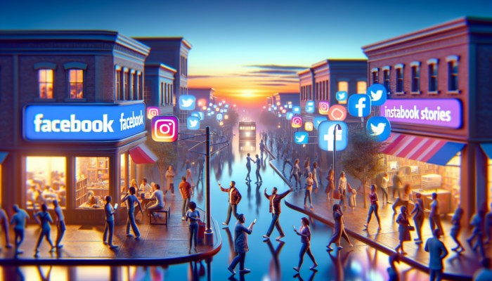 Vibrant scene of UK businesses on social media: sharing events on Facebook, products in Instagram stories, and updates on Twitter.