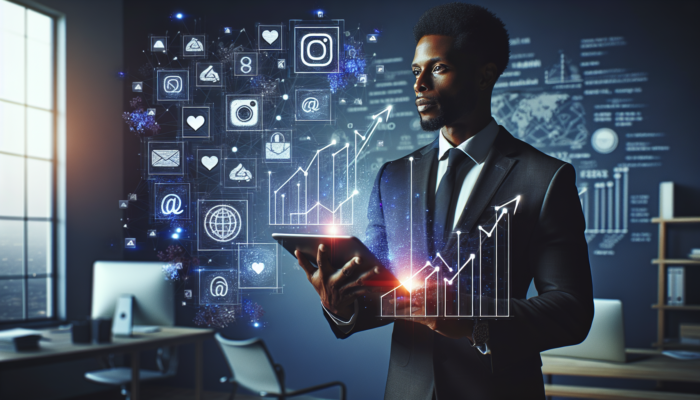 Confident entrepreneur in a modern office, surrounded by glowing Instagram icons, strategy charts, and rising graphs on a tablet.