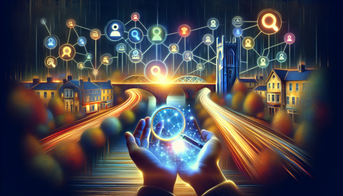 Illustration of keywords as glowing bridges connecting search queries to quaint UK businesses in Chipping Campden, with consumers searching on devices.