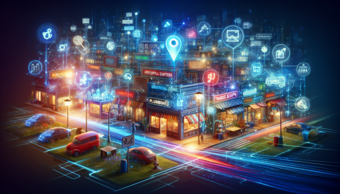 A vibrant scene in Minchinhampton showing small businesses linked by glowing keyword bridges for enhanced local SEO.