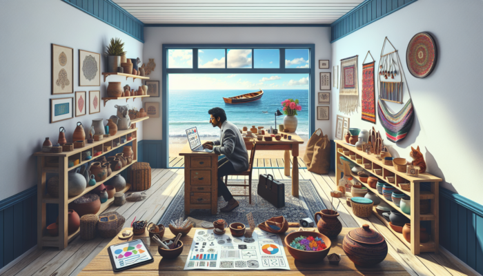 A determined entrepreneur works on a laptop at a wooden desk in a coastal shop, surrounded by handmade crafts and overlooking the sea.