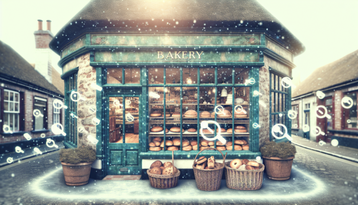 Quaint bakery storefront in Newton Abbot, UK, with a sign for "Best Pastries," fresh baked goods, and symbolic rising search icons for local SEO.