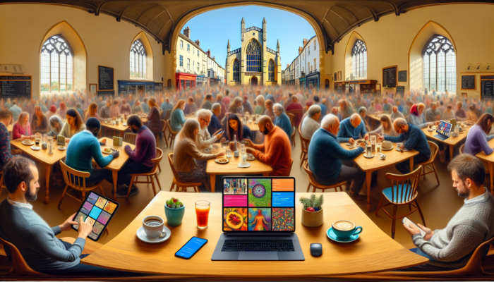 Bustling café in historic Northleach, Gloucestershire, with responsive website on laptop, tablet, and smartphone showing vibrant menus and accessible booking features.