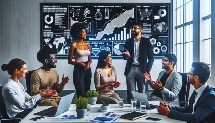 Diverse experts in a modern Keynsham office discussing E-commerce SEO strategies, surrounded by screens showing analytics, shopping carts, and rising keyword graphs.