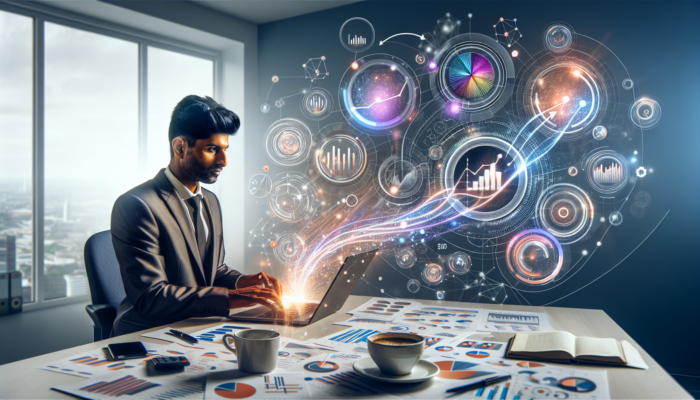 A UK small business owner in a modern London office analyzes SEO ROI on a laptop, viewing Google Analytics graphs of organic traffic and sales conversions, surrounded by data charts and coffee cups.