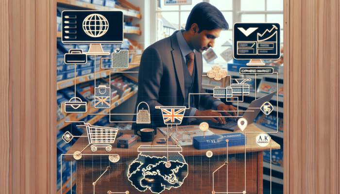 A determined local trader in a bustling Ilfracombe shop manages an e-commerce website on a laptop, displaying UK maps, shopping carts, and secure payment icons.
