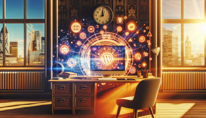 Computer screen in a Kingsbridge office displaying a custom WordPress site for UK businesses with interactive navigation and localized content.