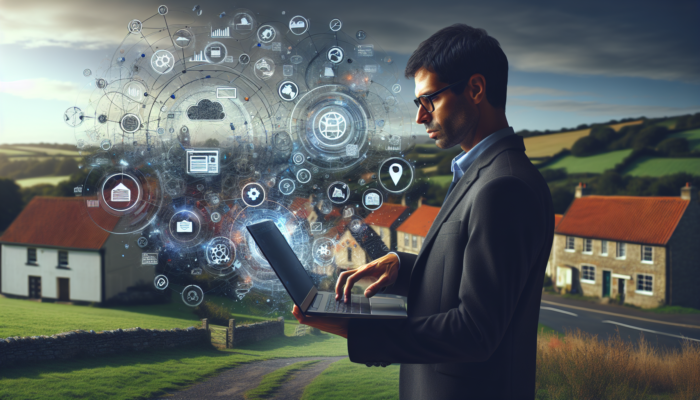 Entrepreneur in South Petherton village analyzing keywords on laptop with floating search icons, metadata tags, and local maps for SEO.