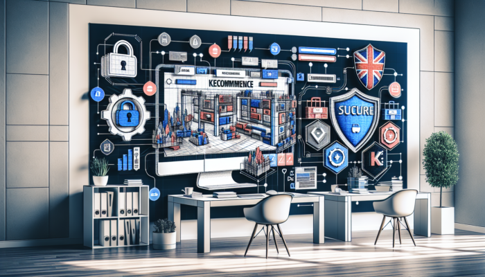 Illustration of a custom UK ecommerce website with secure payments, intuitive navigation, and Union Jack branding in a modern Keynsham office.