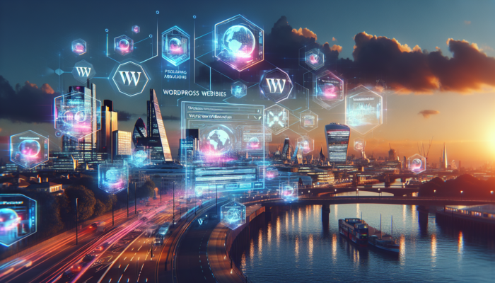 WordPress Website Design Company in Calne: Dynamic London skyline at dusk with holographic projections of evolving WordPress websites, featuring mobile devices, AI circuits, SEO graphs, and personalized interfaces.