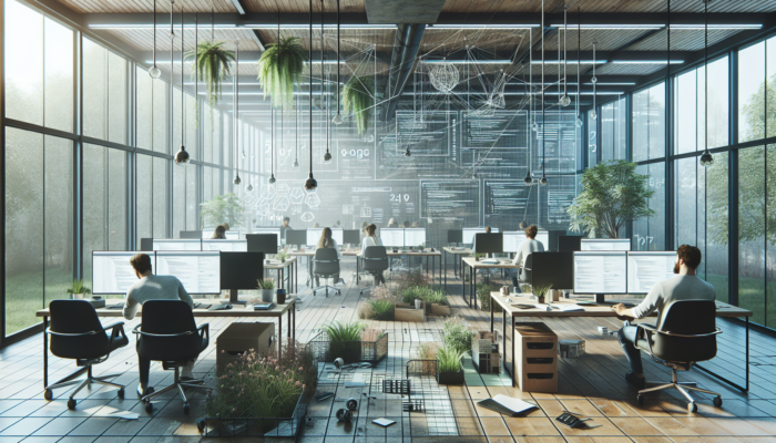 A modern office in Calne with designers collaborating on WordPress projects, laptops displaying code, mockups, sketches, plants, and natural light.