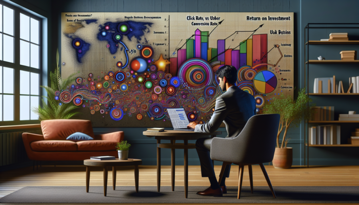 Entrepreneur in Lydney office analyzes Google Analytics on laptop, displaying graphs of clicks, conversions, and engagement metrics for UK business ROI.