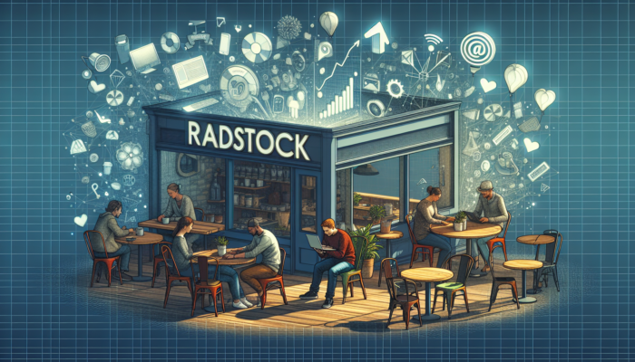 A small business owner in a Radstock cafe at a laptop, surrounded by social media icons and sales growth graphs.