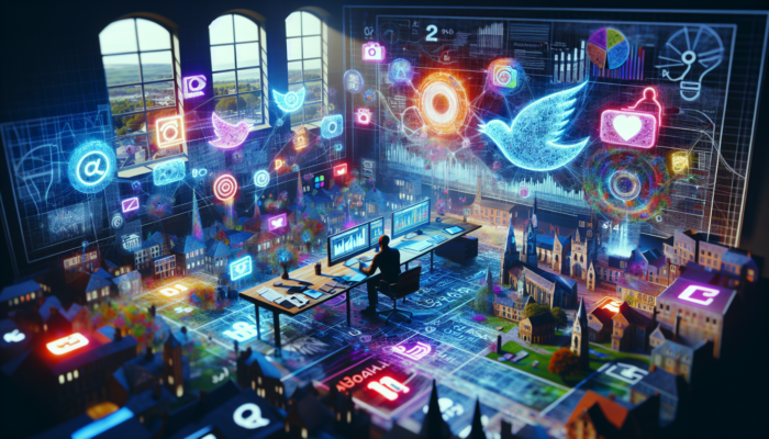 Social Media Management Services in Shaftesbury: In a vibrant Shaftesbury, UK, workspace, a marketer analyzes social media dashboards on glowing screens, surrounded by platform icons and local landmarks symbolizing engagement and loyalty.