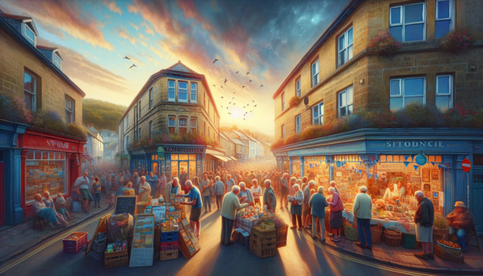 A bustling Swanage street shows a small shop with generic ads and ignored customers, contrasted by a vibrant community event under a coastal sunset sky.