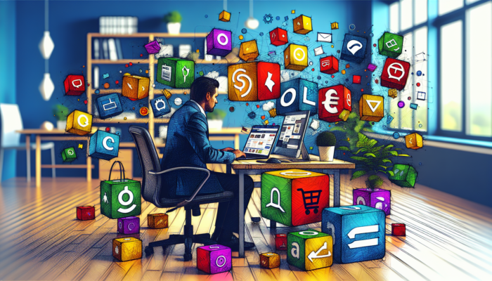 E-commerce Development in Minehead for Small Businesses: A small business owner in a modern Minehead office, surrounded by laptops showing Shopify, WooCommerce, BigCommerce, Squarespace, and Ecwid interfaces.