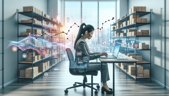 Entrepreneur in a modern Minehead office analyzes real-time inventory on a laptop, surrounded by organized shelves, trend graphs, and digital tools for sustainable e-commerce growth.