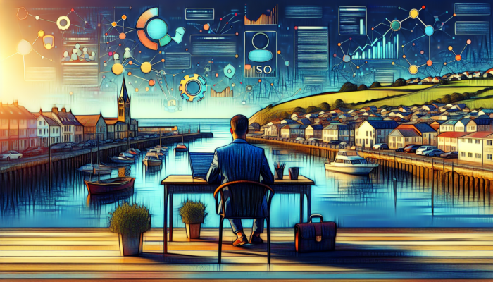 E-commerce Marketing in Poole for Small Business: A Poole business owner strategizes at a harbor desk with screens showing localized SEO maps, storyboards, and rising traffic graphs.