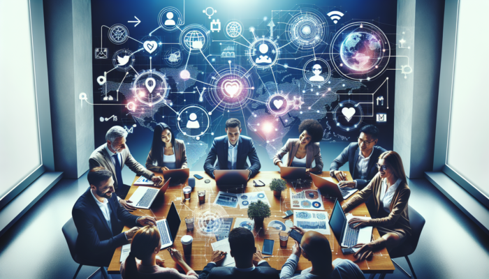 Social Media Strategy for Newent Businesses: A diverse business team brainstorms social media strategy in Newent, surrounded by laptops, Instagram and Twitter icons, demographic charts, and symbols of community engagement and brand growth.